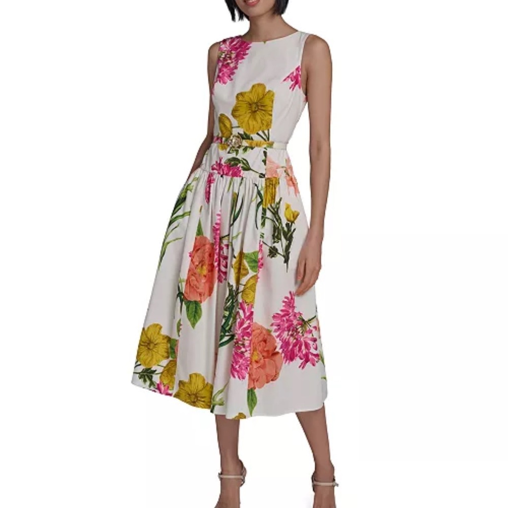 KARL LAGERFELD PARIS FLORAL BELTED MIDI DRESS